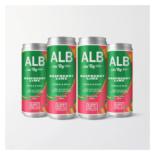 ALB On The Go 'Raspberry Lime' Vodka & Soda 4-355ml Cans 1 ALB On The Go 'Raspberry Lime' Vodka & Soda 4-355ml Cans